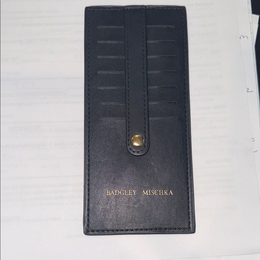 Badgley Mischka Black Leather Slim Card & Key Holder with Gold Logo